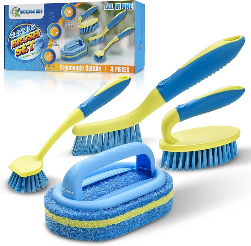 Koksi Scrub Brush Set for Bathroom Kitchen Bathtub Toilet Deep Cleaning Brush Tools All Purpose Cleaner Sponge Scrubbing Brushes with Ergonomic Handle, 4-Piece - Image 1
